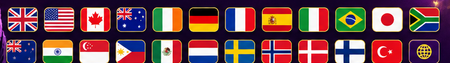 Illustrated flags of the United Kingdom, United States, Canada, Australia, Ireland, Germany, France, Spain, Italy, Brazil, Japan, South Africa and other countries